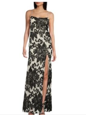 Midnight Doll Black and White Sequin Evening Gown with Strappy Back